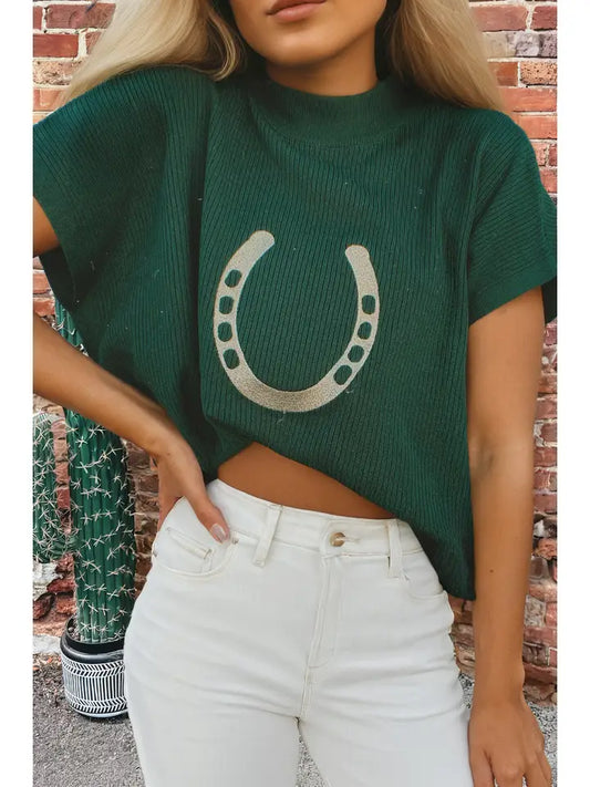 Cowgirl Horse Shoe Graphic Western Short Sleeve Sweater