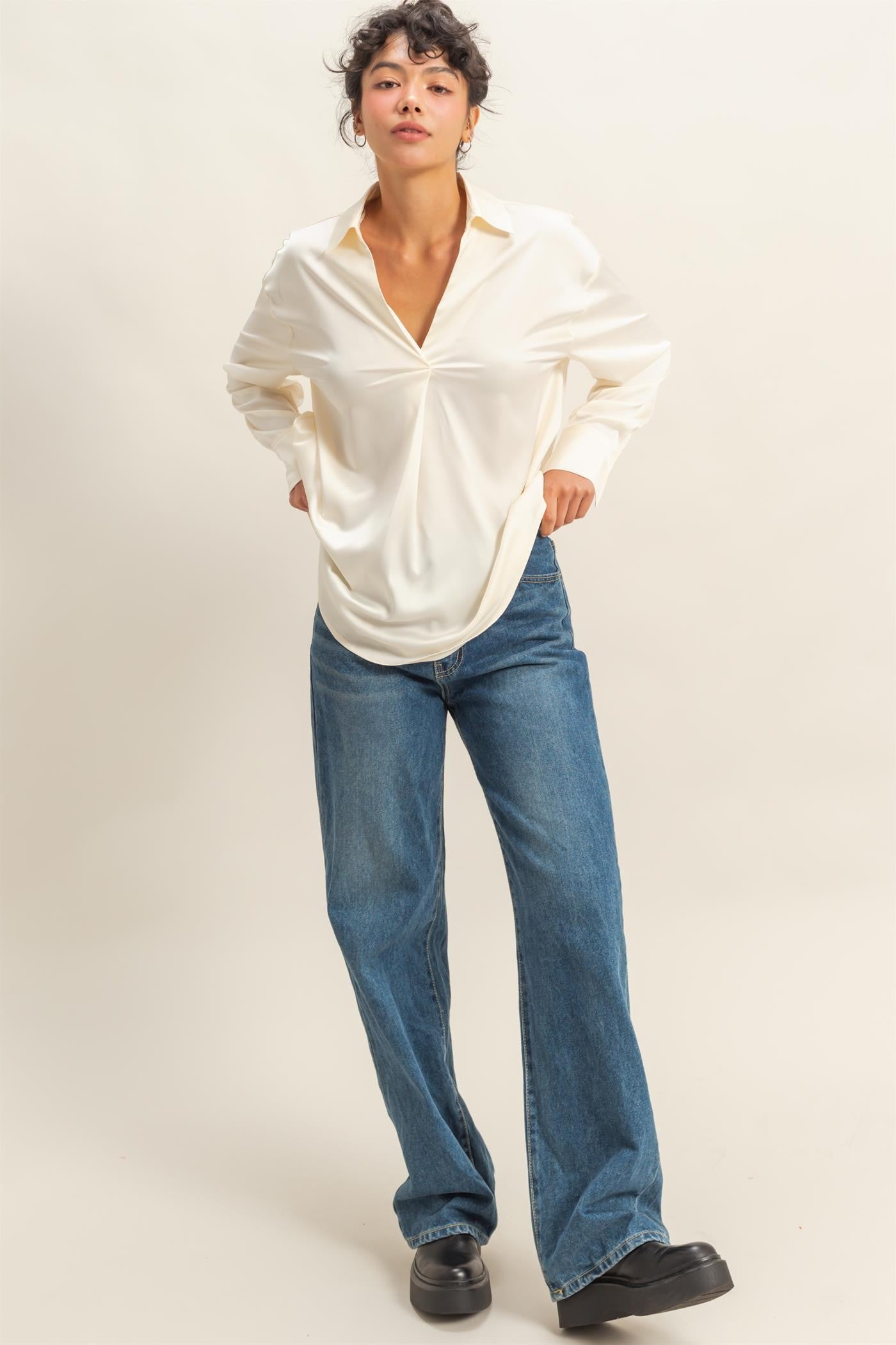 Collared V-neck Satin Blouse