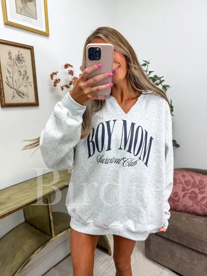 Boy Mom Split Neck Graphic Crewneck On Ash Gray