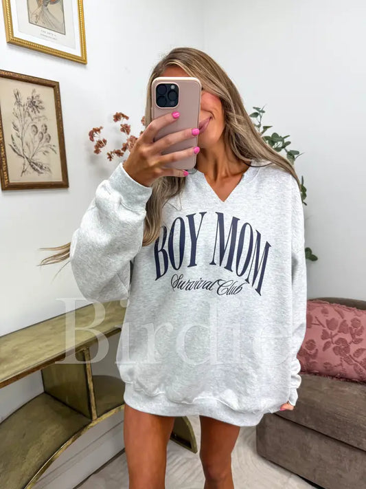 Boy Mom Split Neck Graphic Crewneck On Ash Gray