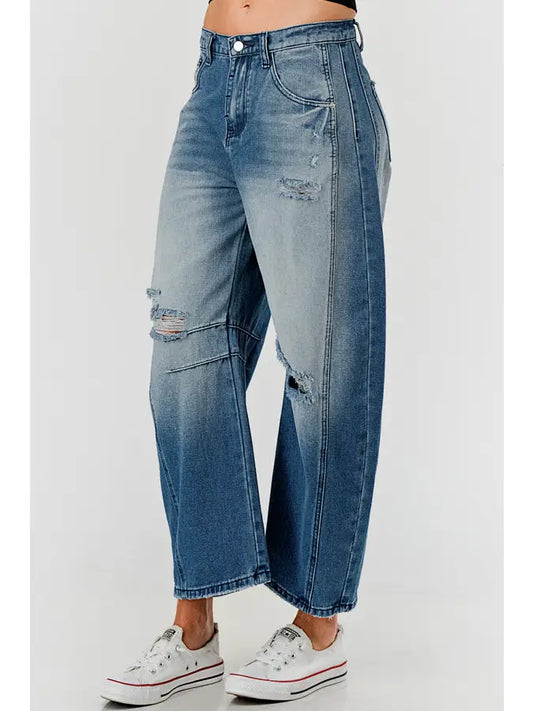Distressed Baggy Mid Rise Barrel Denim Pants