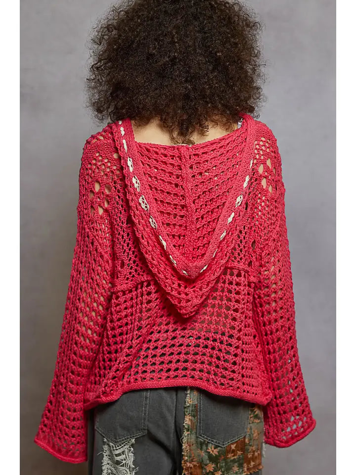 Red crochet open weave sweater with hood