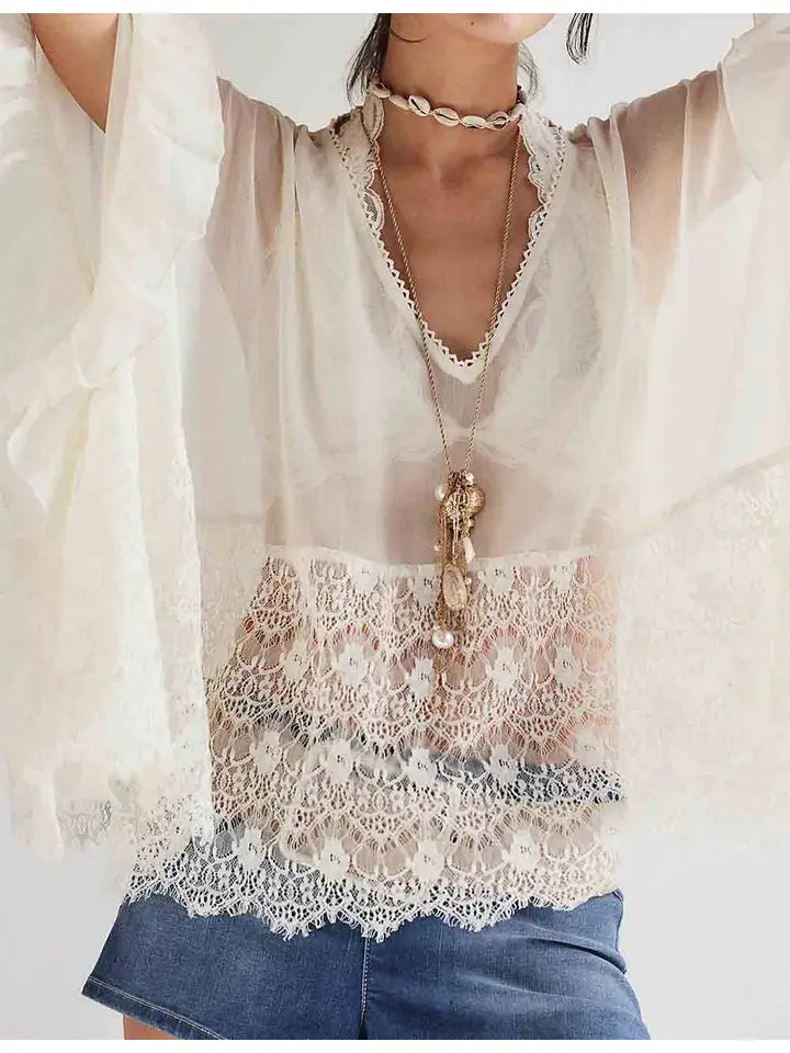 Lace Ruffle Batwing Sleeves See Through Blouse