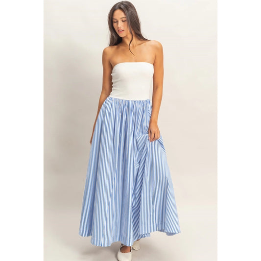 Striped Strapless Flowy Midi Dress