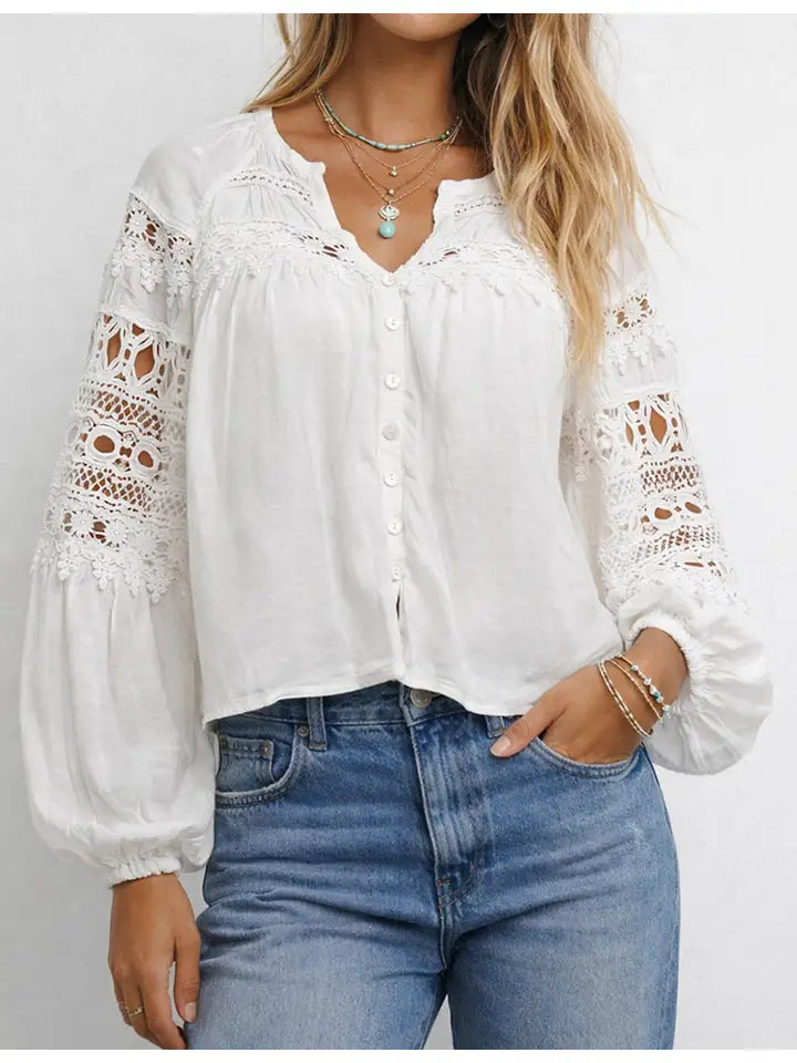 Ladies Embroidery Hollow-Out V-Neck Button Long Sleeves Blouse