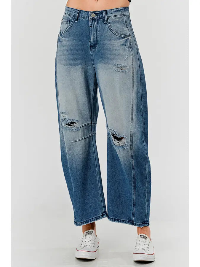 Distressed Baggy Mid Rise Barrel Denim Pants