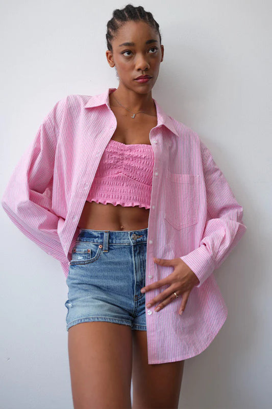 Daze the boyfriend button up in pink slip stripe