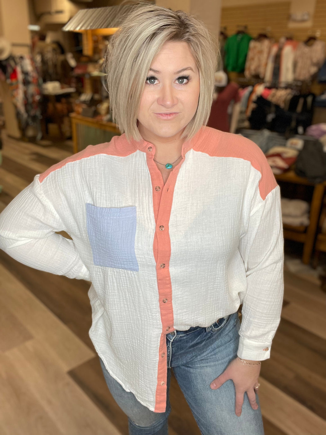 Long Sleeve Color Blocked Woven Top